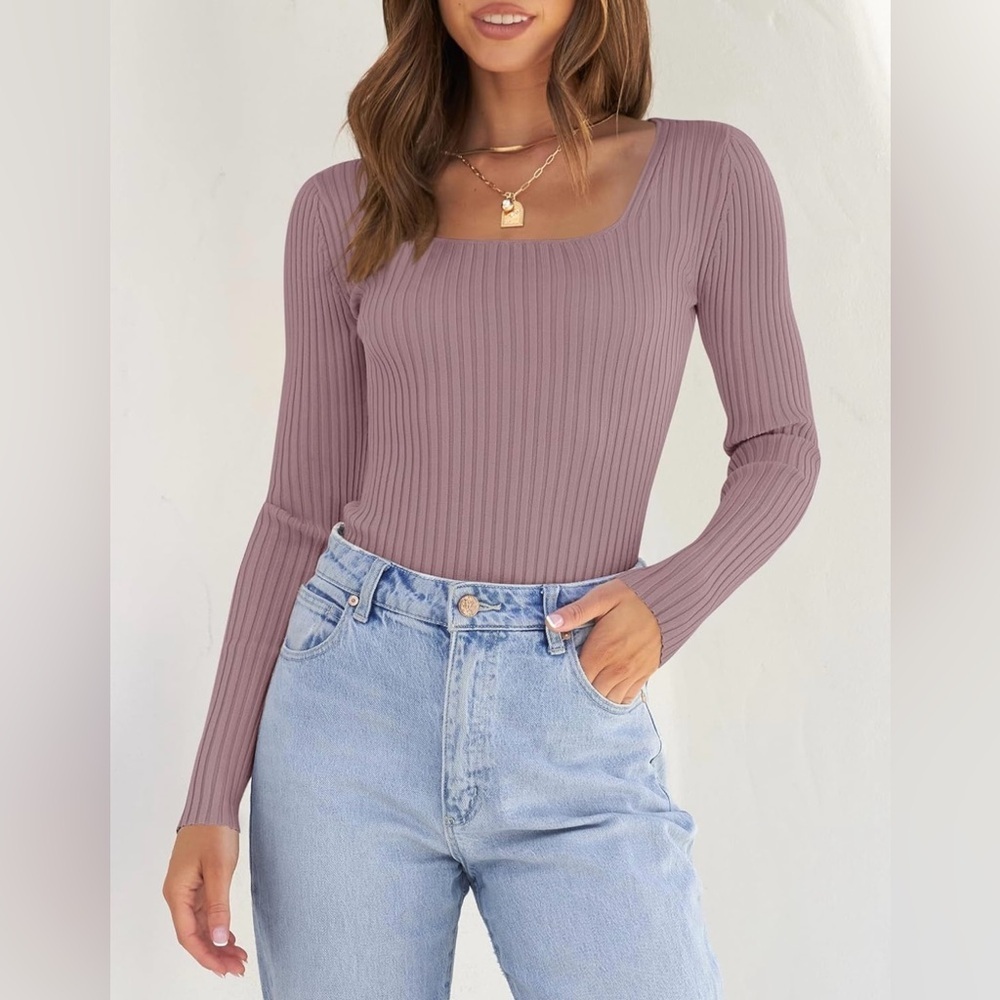 ZESICA Women's Casual Long Sleeve Square Neck Slim Fitted Ribbed Knit Sweater